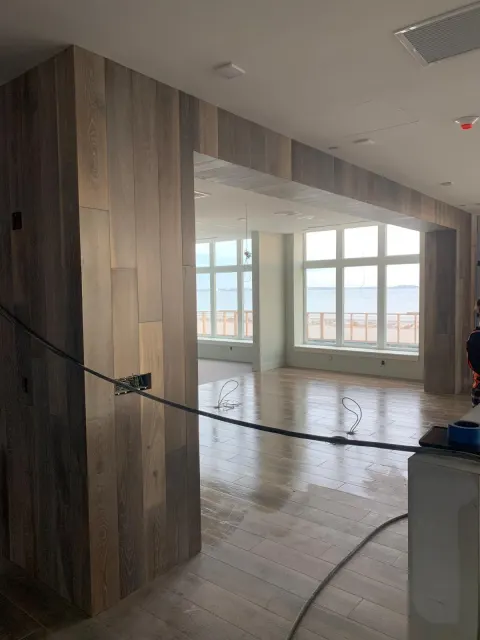 Interior wood cladding in progress